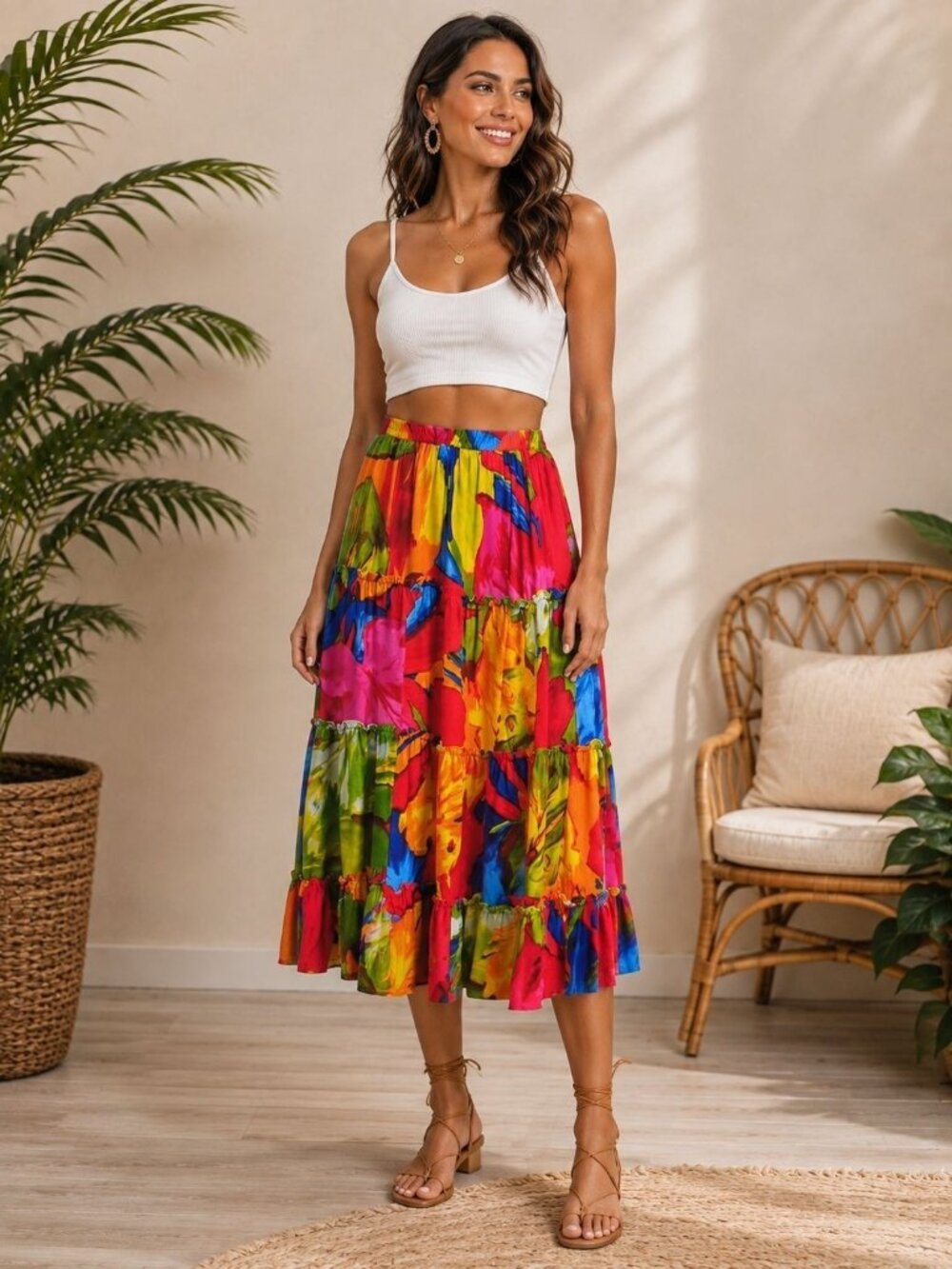 Sam & Jess Colorful Patchwork Tiered Midi Skirt Tropical Resort Boho Salsa XS